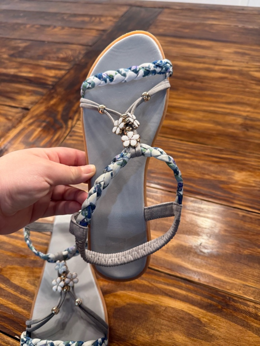 Braided Floral Sandal in Light Gray and Blue size 10